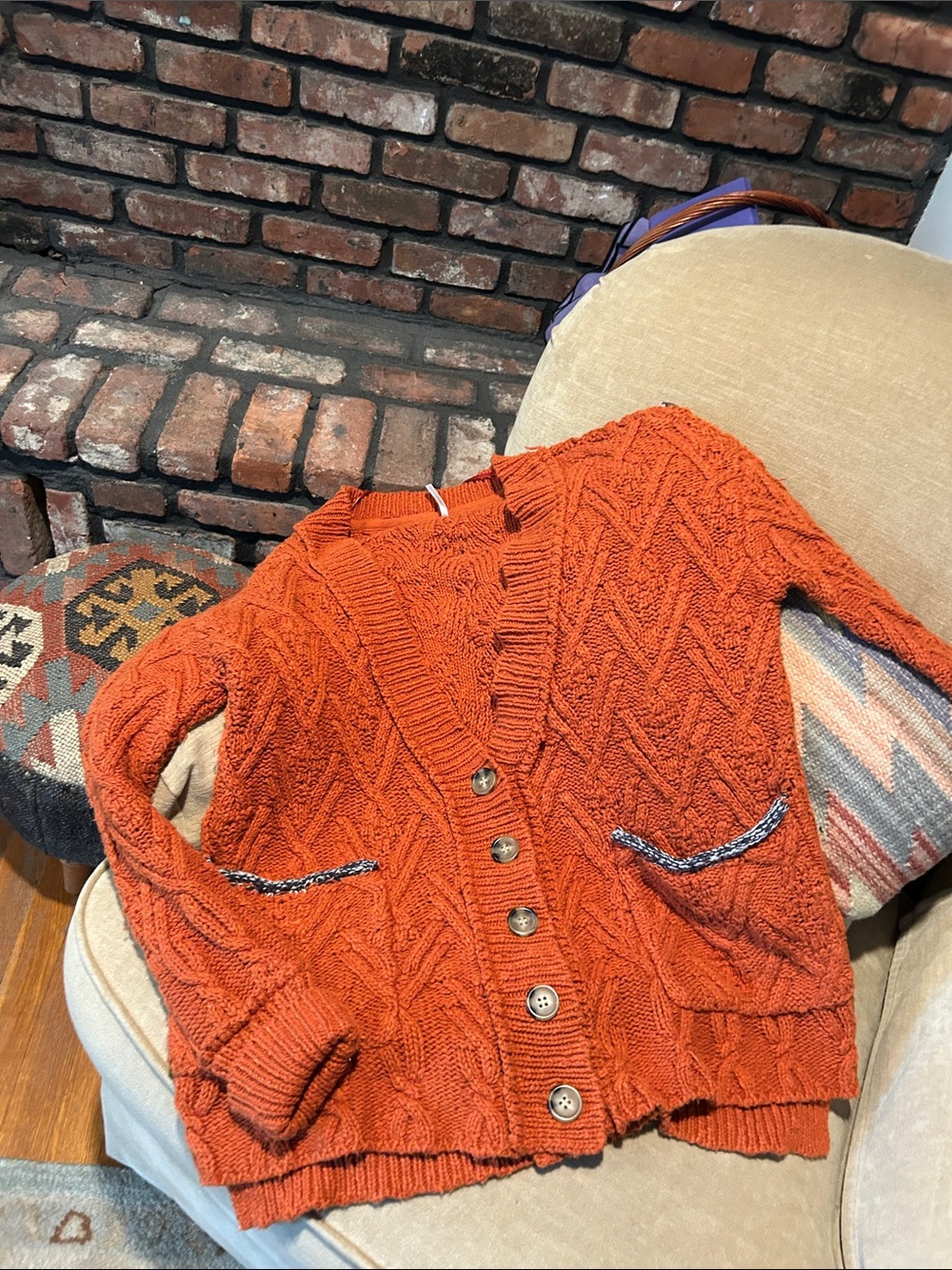 Free People Rust Orange Chunky Cable Knit Button-Front Cardigan